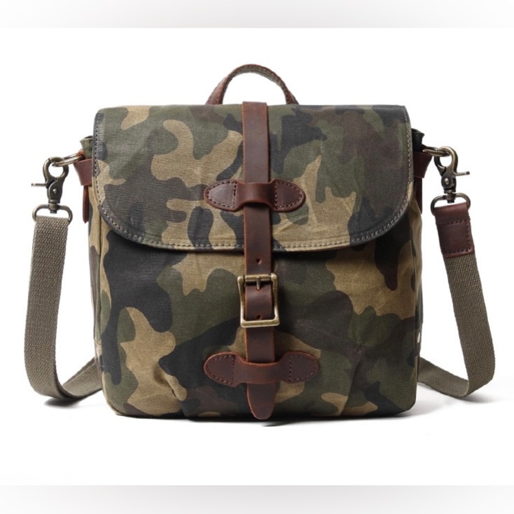 NEW Canvas Camo Crossbody Army Green Bag Satchel with Genuine Leather Details